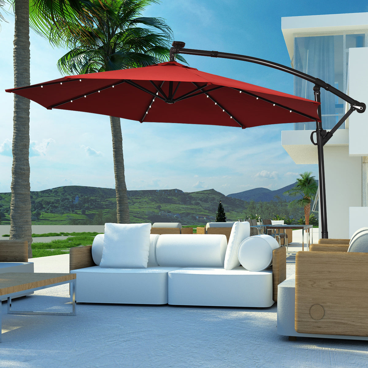 Topbuy Aluminum Patio Hanging Umbrella Solar Powered Offset Umbrella With Cross Base & Pole Burgundy/Orange/Coffee