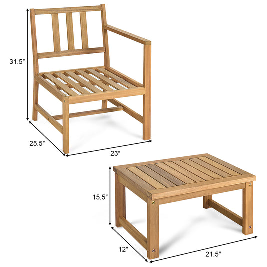 Topbuy 3 in 1 Patio Acacia Wood Table & Chairs Loveseat Bench with Coffee Table