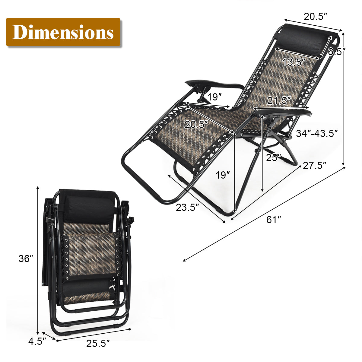 Patiojoy Grey Folding Recliner 2PCS Patio Rattan Zero Gravity Lounge Chair With Headrest