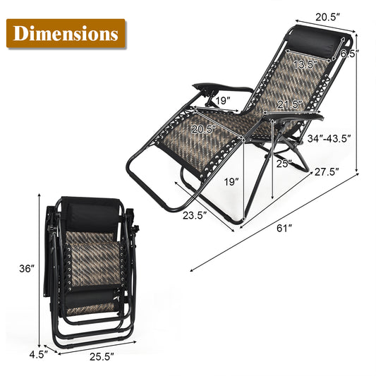 Patiojoy Grey Folding Recliner 2PCS Patio Rattan Zero Gravity Lounge Chair With Headrest