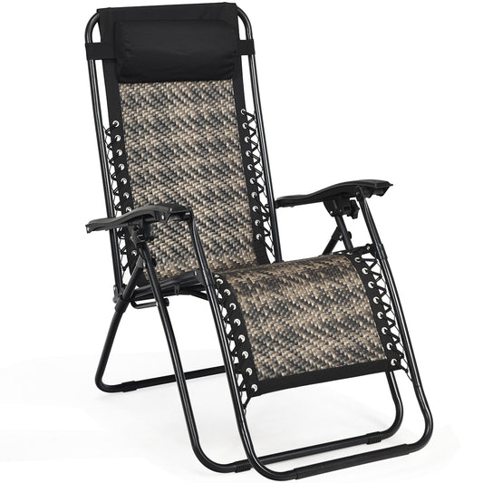 Patiojoy Grey Folding Recliner Patio Rattan Zero Gravity Lounge Chair With Headrest