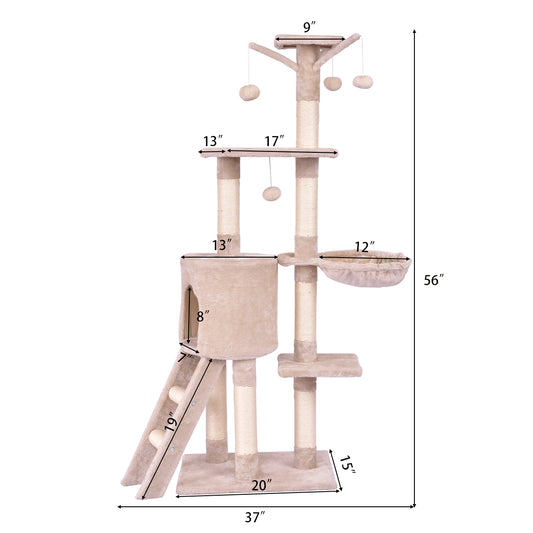 Topbuy 56-in Pet Cat Activity Tree Kitten Climbing Tower with Condo & hammock Beige