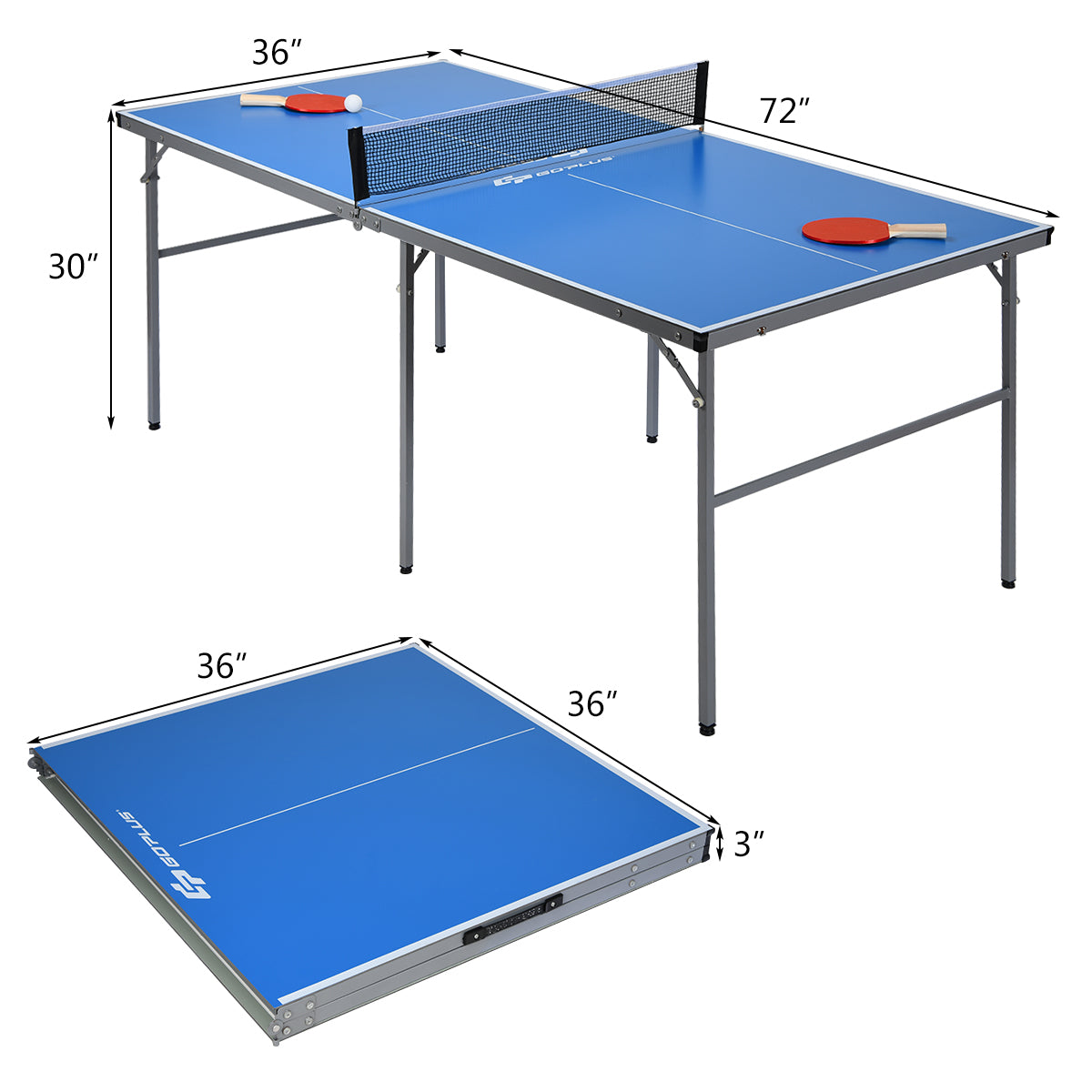 Topbuy Folding Mid-Size Kids Ping-Pong Tennis Table with 1 Net/2 Bats/3 Ping-Pong Ball