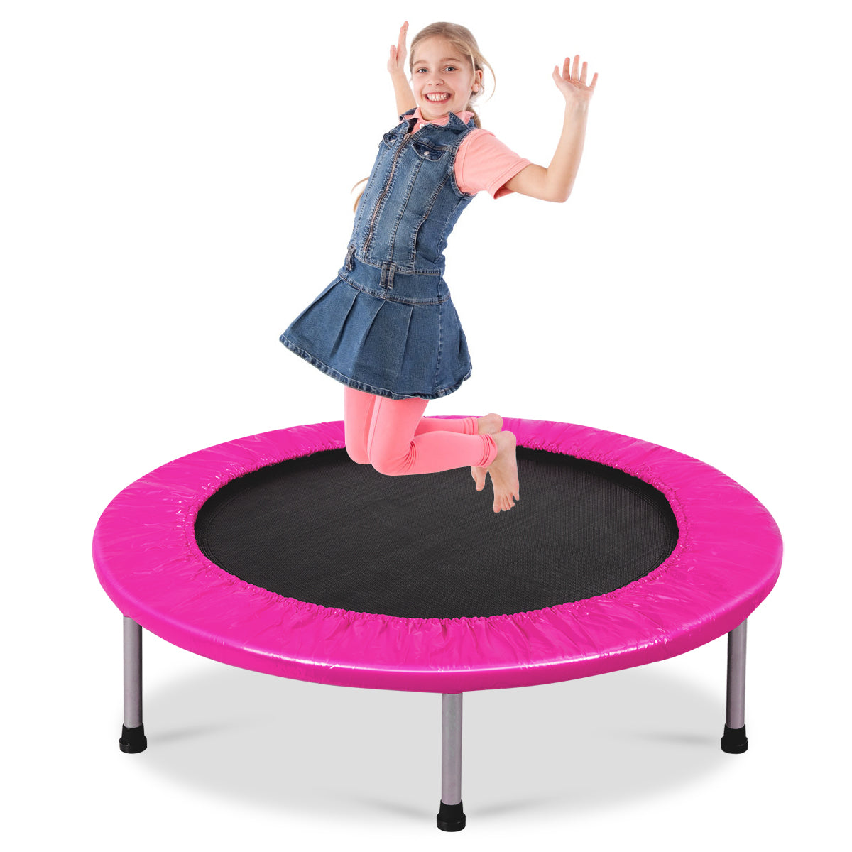 Topbuy 38'' Folding Mini Trampoline Portable Rebounder Trampoline with Padding & Springs Pink/Blue