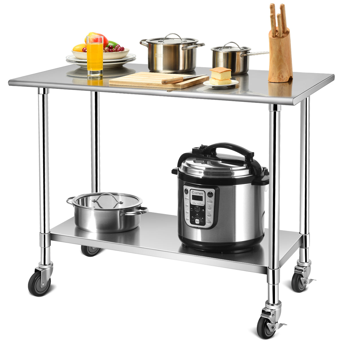 Topbuy Stainless Steel Mobile Kitchen Prep & Work Table with 4 Wheels, Silver