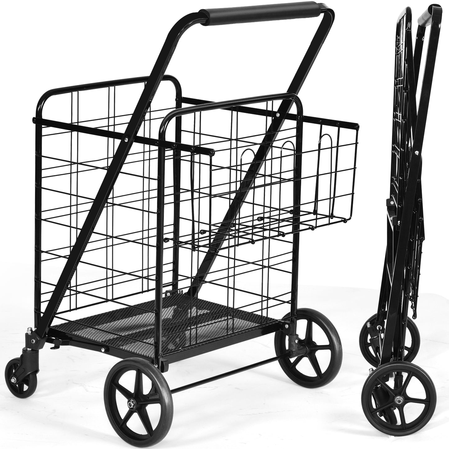 Topbuy Folding Shopping Cart Jumbo Double Basket Grocery Cart with Wheels Black/Silver