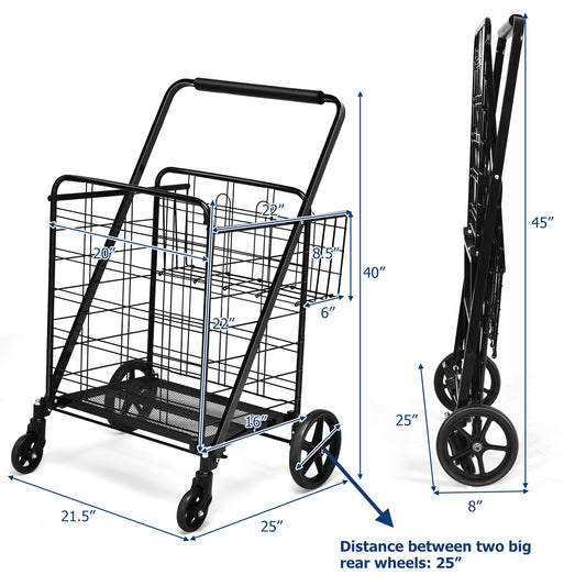 Topbuy Folding Shopping Cart Jumbo Double Basket Grocery Cart with Wheels Black/Silver