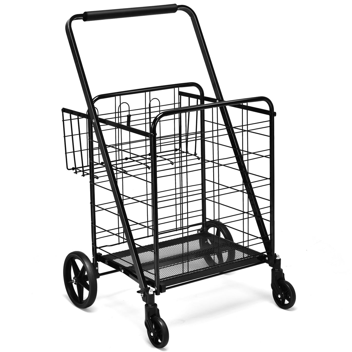 Topbuy Folding Shopping Cart Jumbo Double Basket Grocery Cart with Wheels Black/Silver