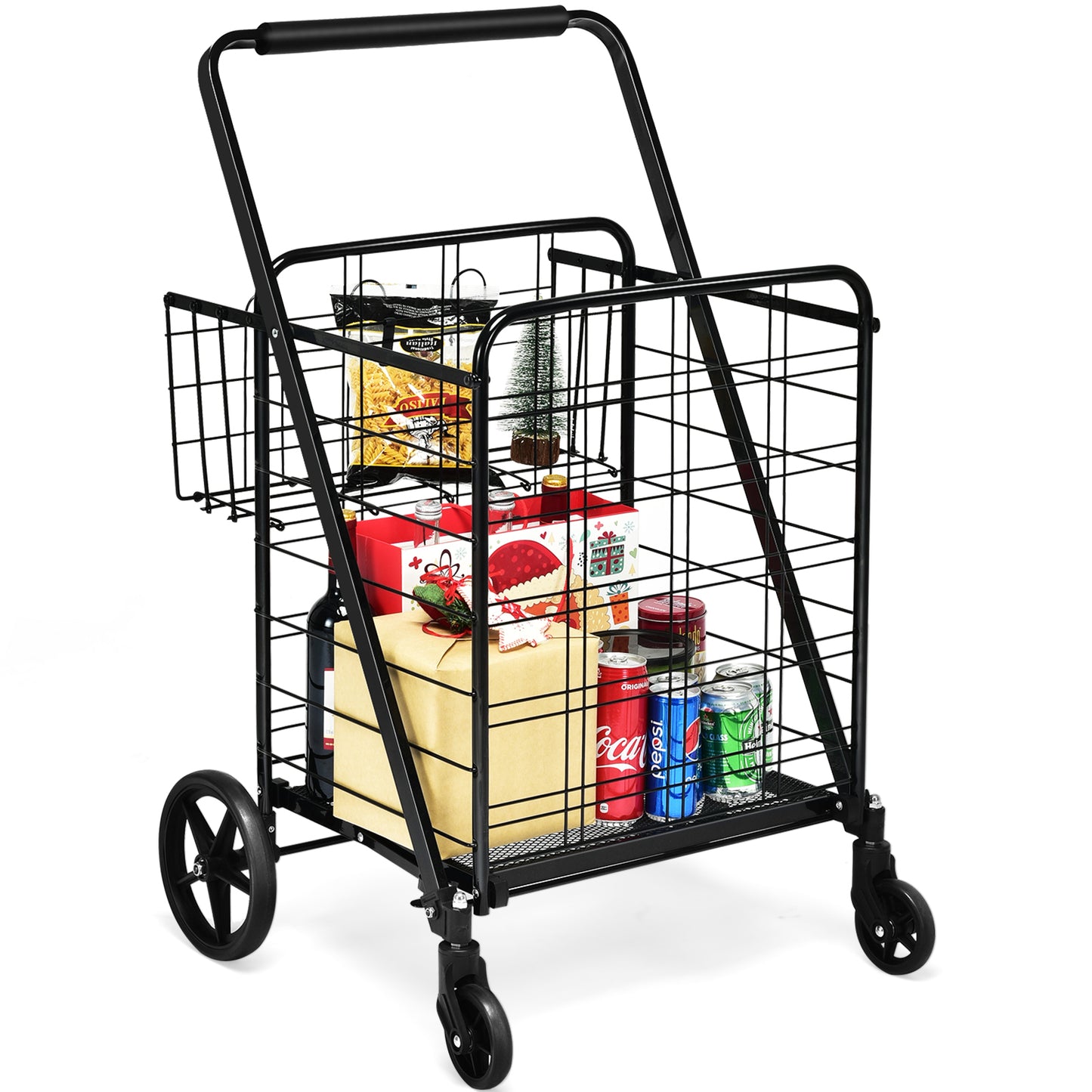 Topbuy Folding Shopping Cart Jumbo Double Basket Grocery Cart with Wheels Black/Silver