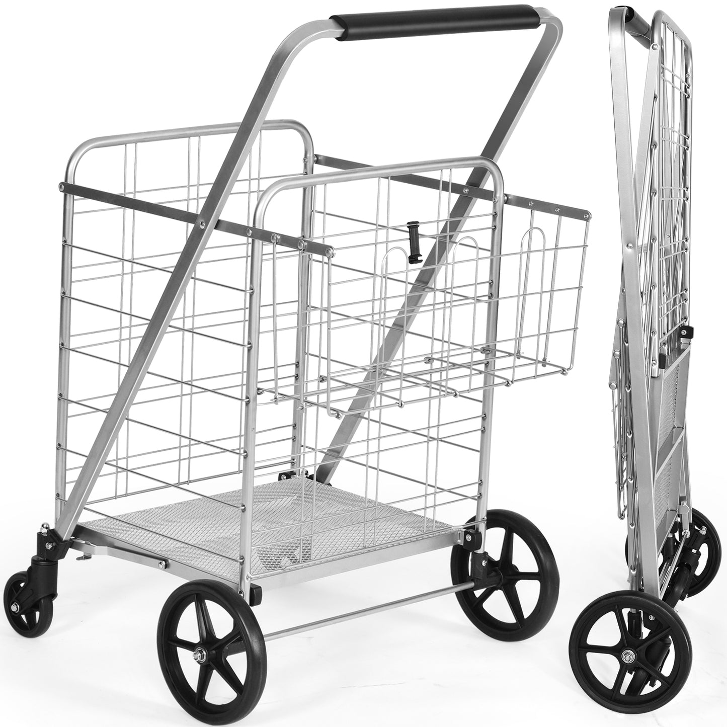 Topbuy Folding Shopping Cart Jumbo Double Basket Grocery Cart with Wheels Black/Silver