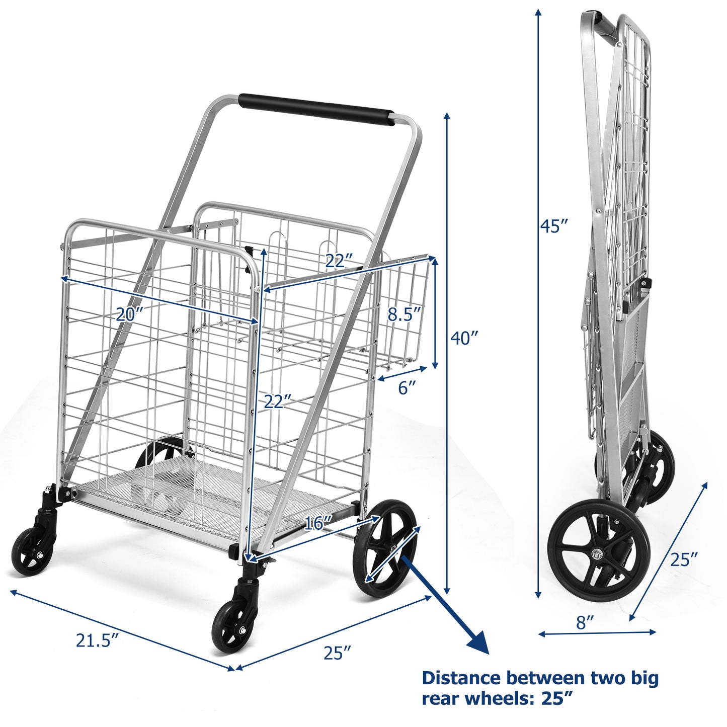 Topbuy Folding Shopping Cart Jumbo Double Basket Grocery Cart with Wheels Black/Silver