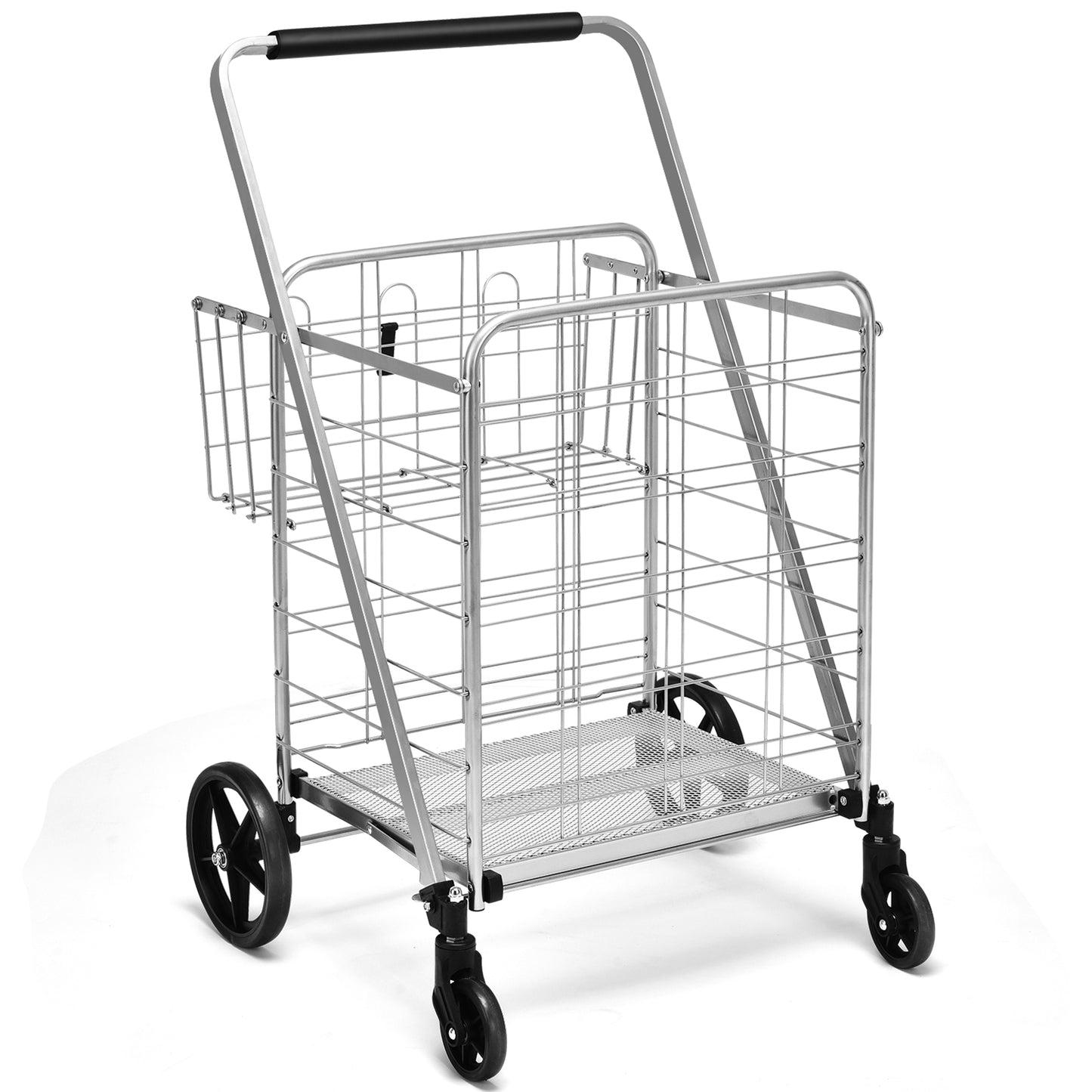 Topbuy Folding Shopping Cart Jumbo Double Basket Grocery Cart with Wheels Black/Silver