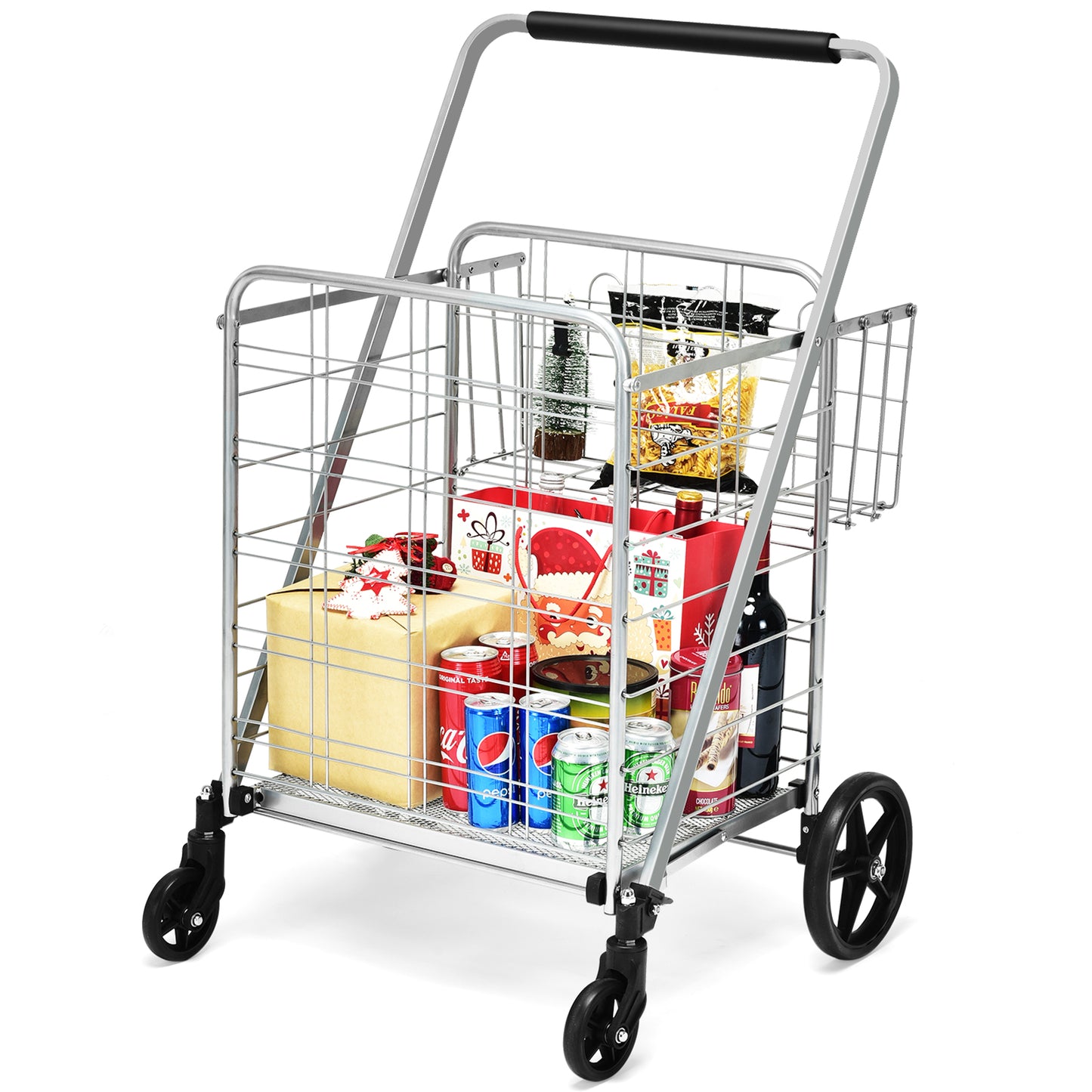 Topbuy Folding Shopping Cart Jumbo Double Basket Grocery Cart with Wheels Black/Silver