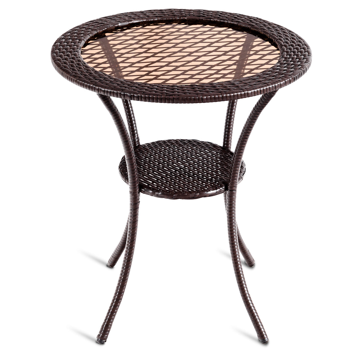 Patiojoy Outdoor Round Rattan Wicker Coffee Table Steel Frame Glass Top