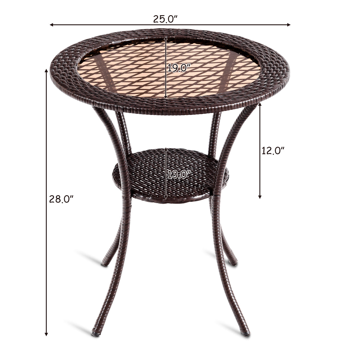 Patiojoy Outdoor Round Rattan Wicker Coffee Table Steel Frame Glass Top