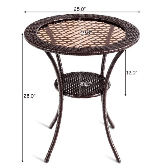 Patiojoy Outdoor Round Rattan Wicker Coffee Table Steel Frame Glass Top