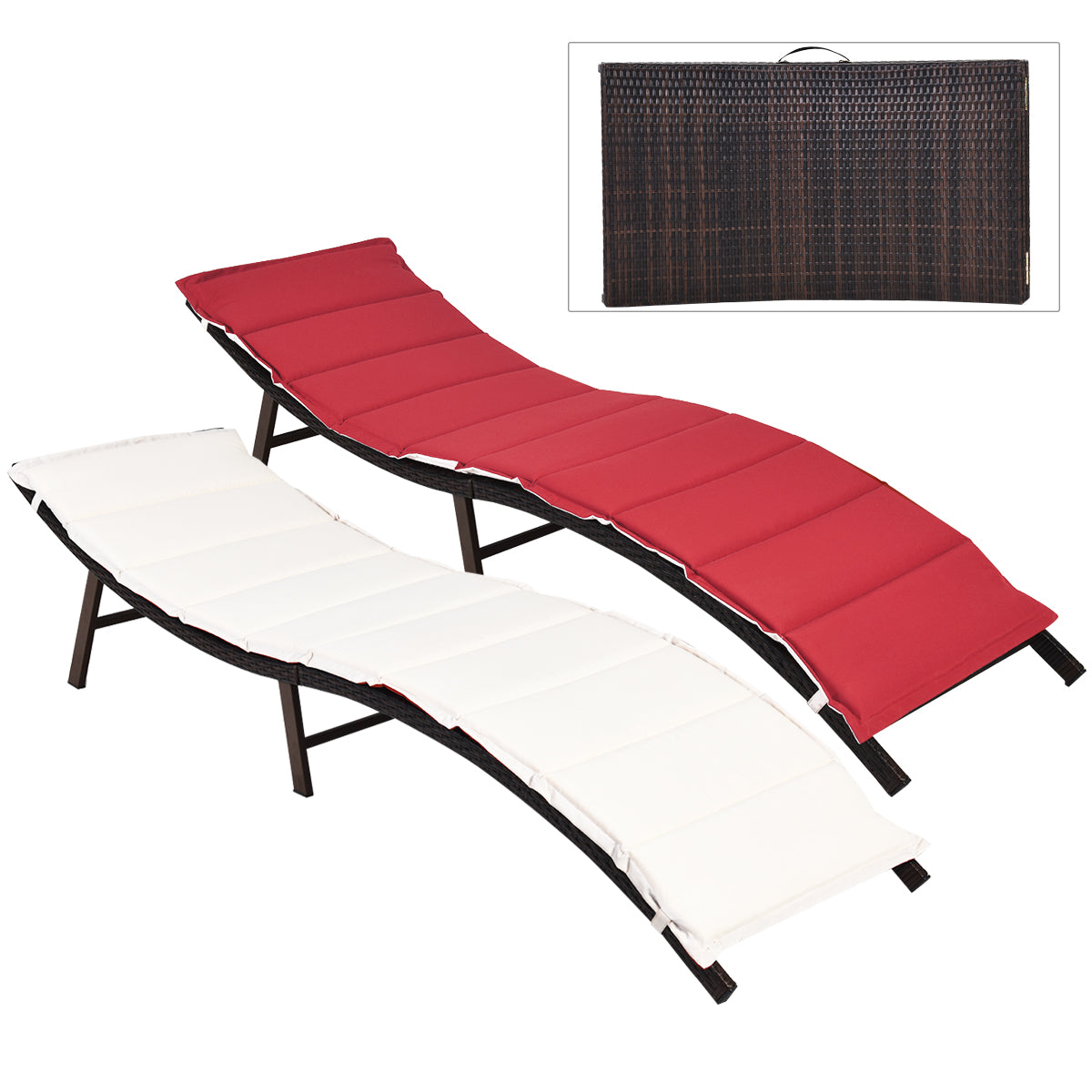 Patiojoy 2PCS Outdoor Patio Rattan Wicker Lounge Chair Chaise Folding W/Cushions Red