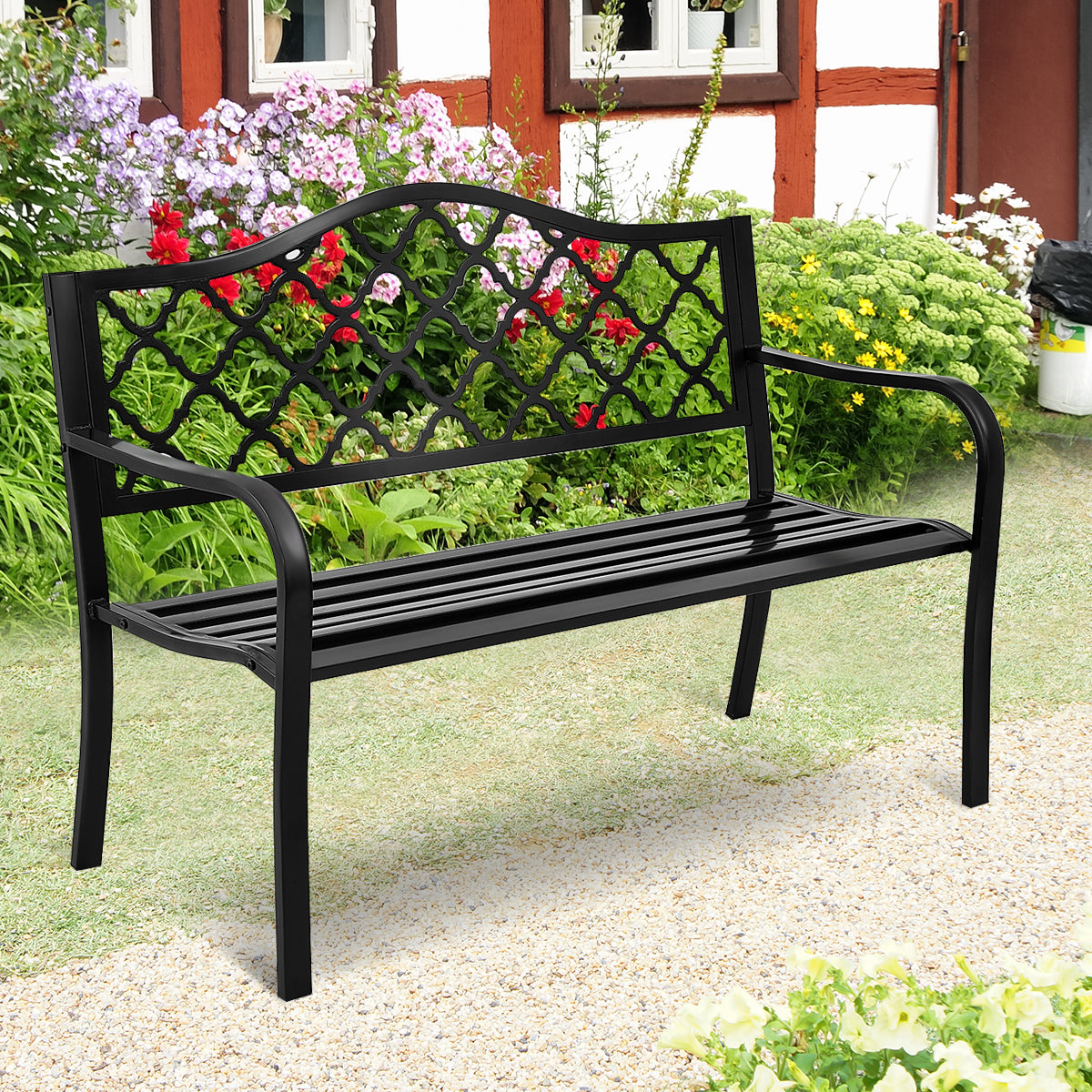 Patiojoy Outdoor Chair Garden Patio Bench Cast Iron Frame Black