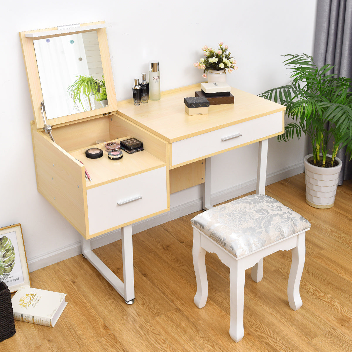 Topbuy Versatile Dressing Table Computer Desk Vanity Table with Flip Top Square Mirror