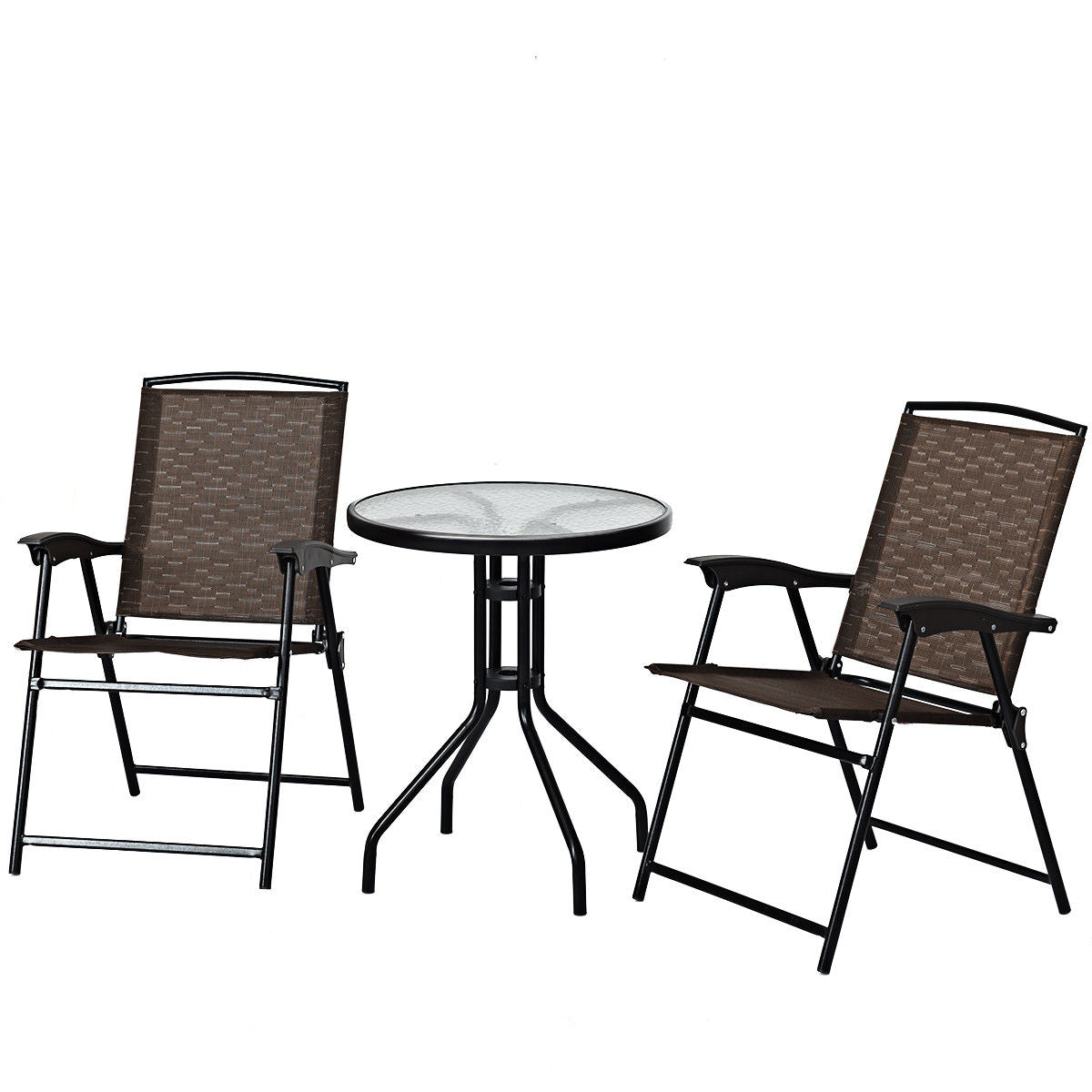 Topbuy 3 PCS Furniture Set Patio Garden Courtyard Table Folding Chairs Glass Table Top