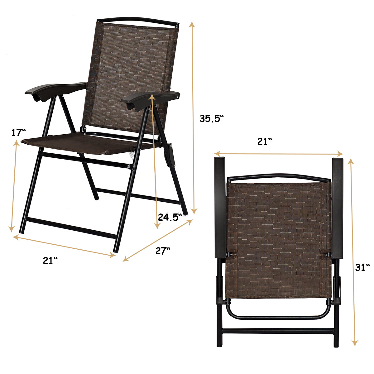 Topbuy Set of 2 Folding Sling Chairs Steel Armrest Patio Garden Pool Adjustable Back