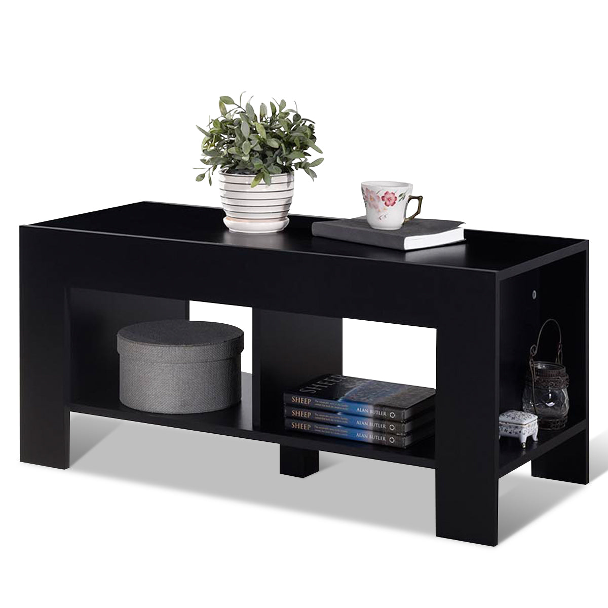 Topbuy Minimalist Style Tea Table Coffee Table With Open Storage Spaces Classic Black Color