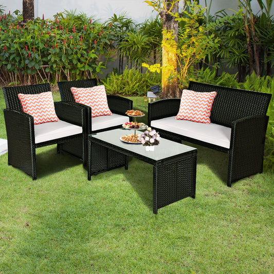 Patiojoy 4 Piece Outdoor Patio Rattan Furniture Set Black Wicker Cushioned Seat For Garden, porch, Lawn