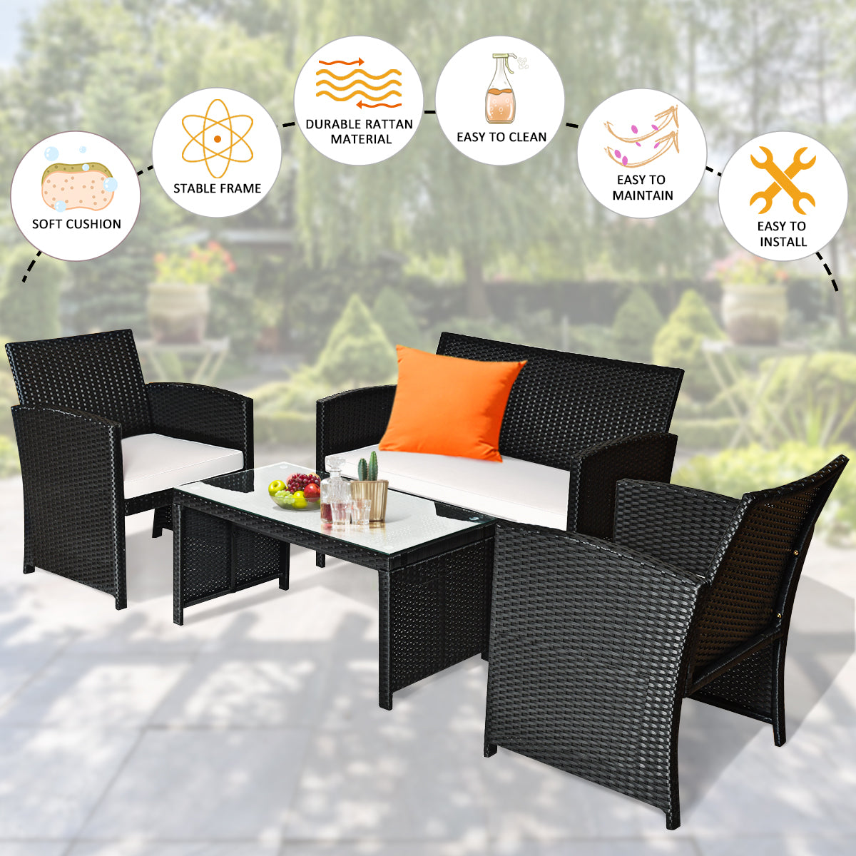 Patiojoy 4 Piece Outdoor Patio Rattan Furniture Set Black Wicker Cushioned Seat For Garden, porch, Lawn