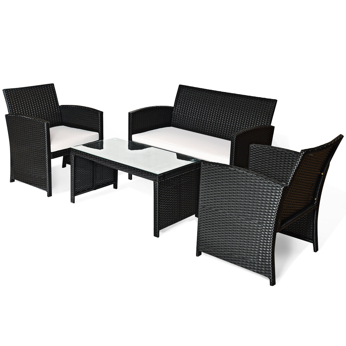 Patiojoy 4 Piece Outdoor Patio Rattan Furniture Set Black Wicker Cushioned Seat For Garden, porch, Lawn