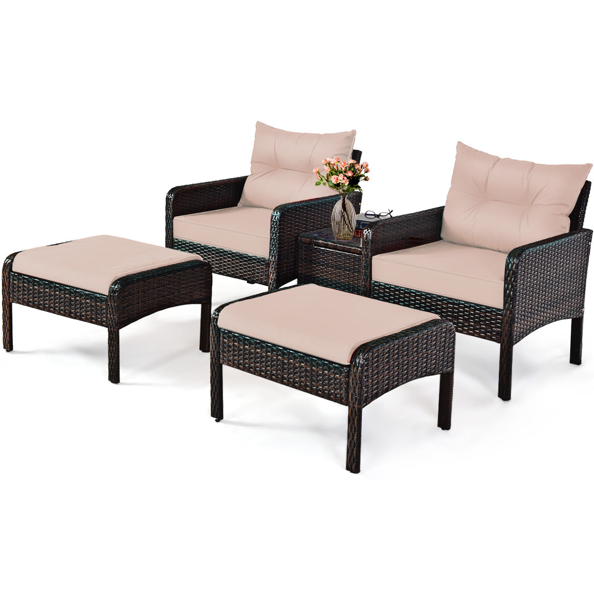 Patiojoy 5-Piece Patio Rattan Conversation Set Beige/Red/Blue Cushioned Sofas and Ottoman Set with Table