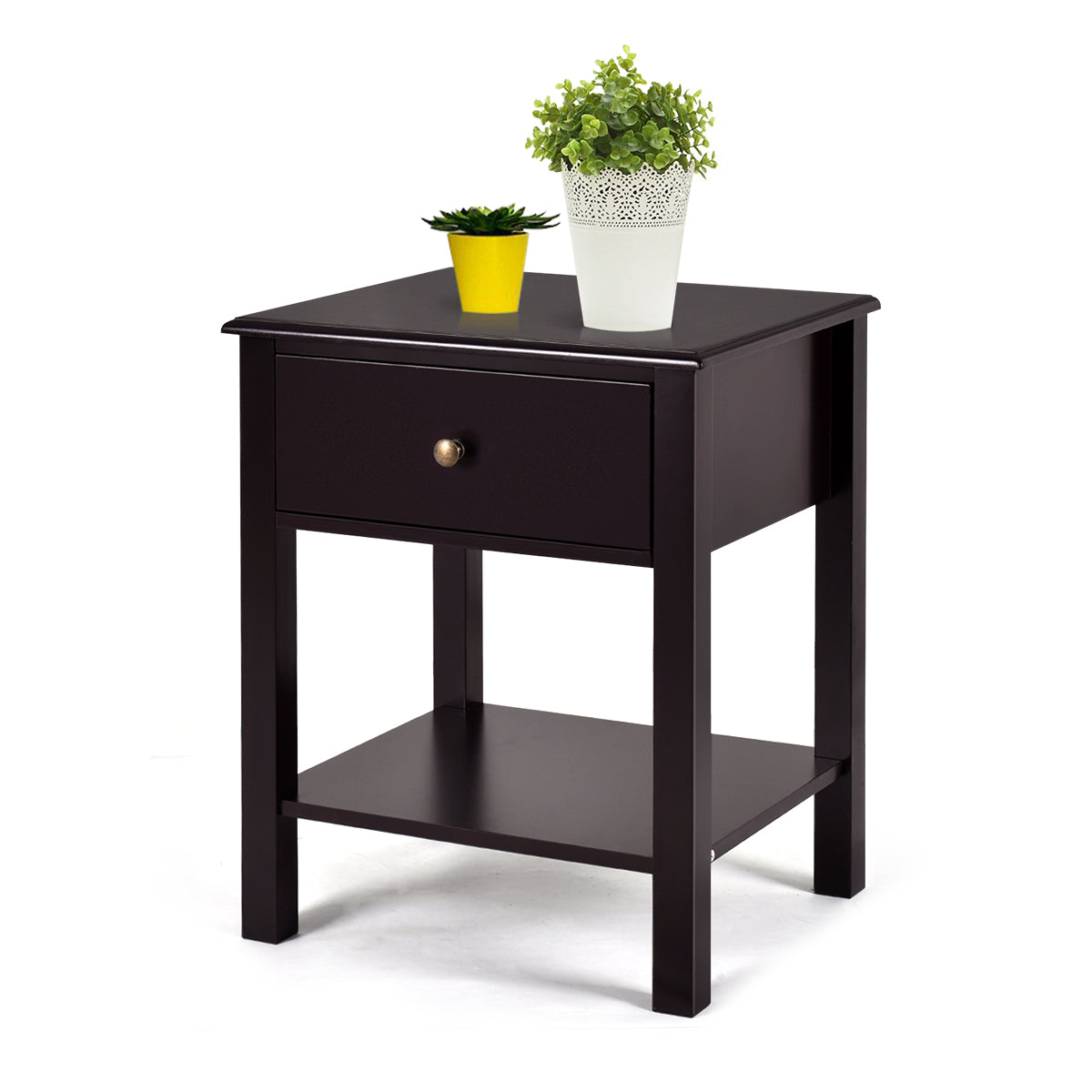 Topbuy End Table Nightstand w/Drawer & Shelf Bedroom Living Room Furniture Brown/Black/White