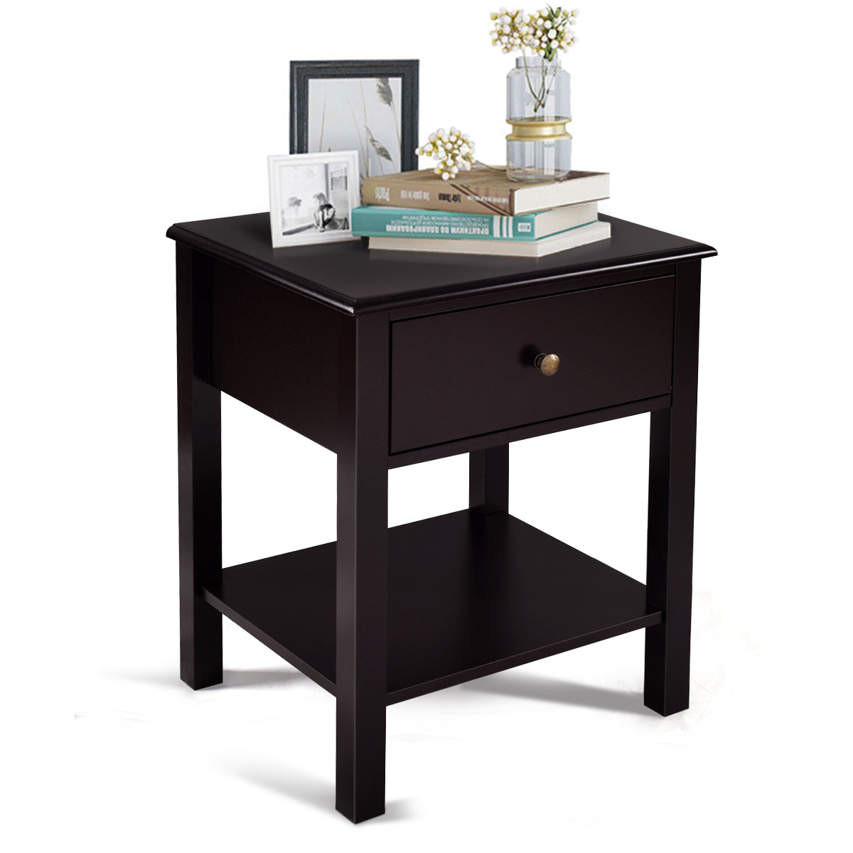 Topbuy End Table Nightstand w/Drawer & Shelf Bedroom Living Room Furniture Brown/Black/White