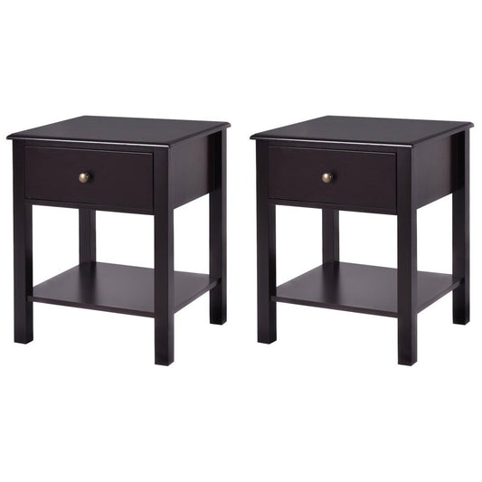 Topbuy 2PC End Table Nightstand w/Drawer & Shelf Bedroom Living Room Furniture Brown/Black/White