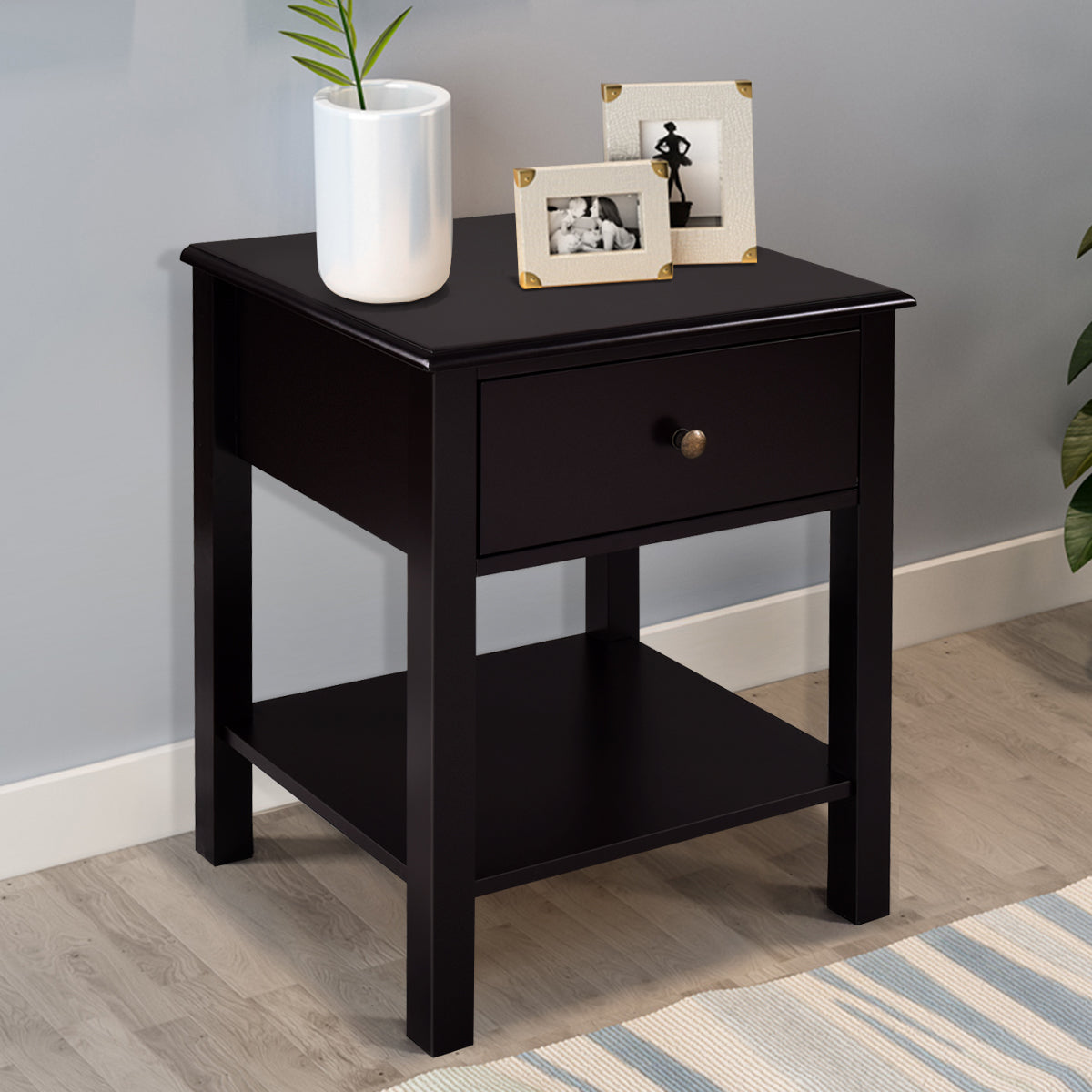 Topbuy 2PC End Table Nightstand w/Drawer & Shelf Bedroom Living Room Furniture Brown/Black/White