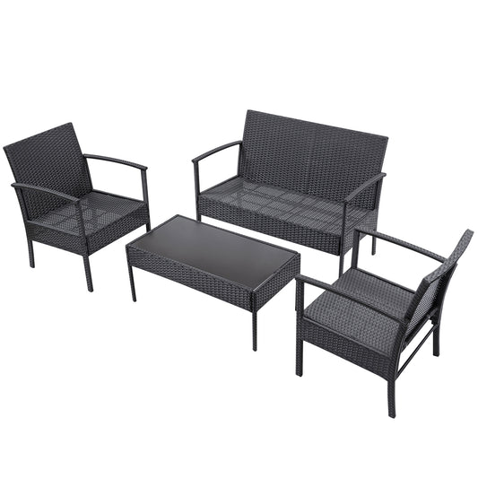 Patiojoy 4 PCS Rattan Wicker Furniture Set Loveseat Sofa Cushioned Patio Outdoor Black