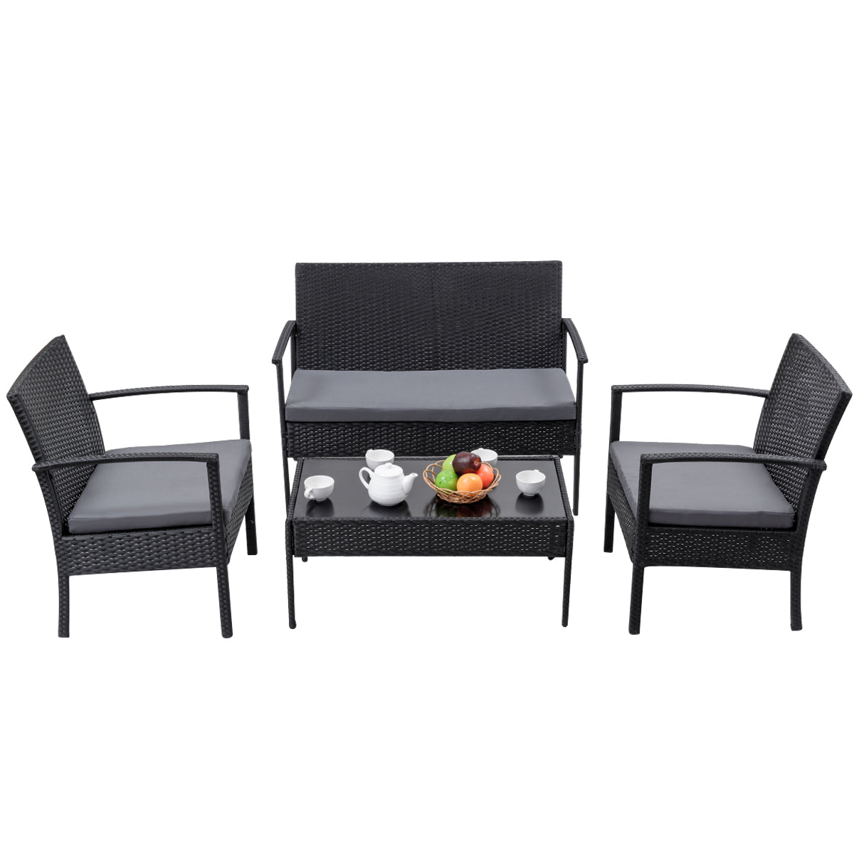 Patiojoy 4 PCS Rattan Wicker Furniture Set Loveseat Sofa Cushioned Patio Outdoor Black