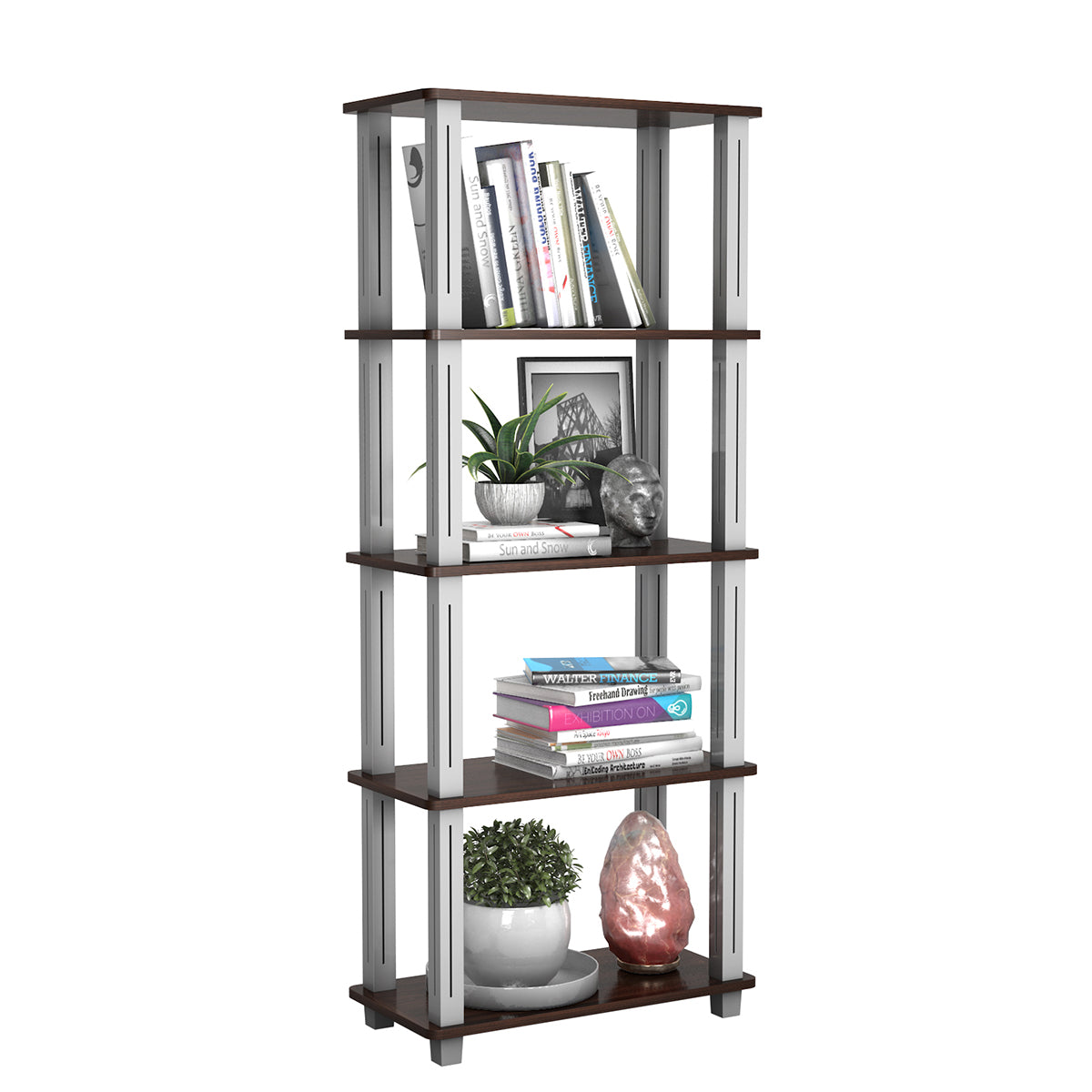 Topbuy 5-Tier Multi-Functional Shelves Storage Display Bookshelf Home Office Walnut/Black