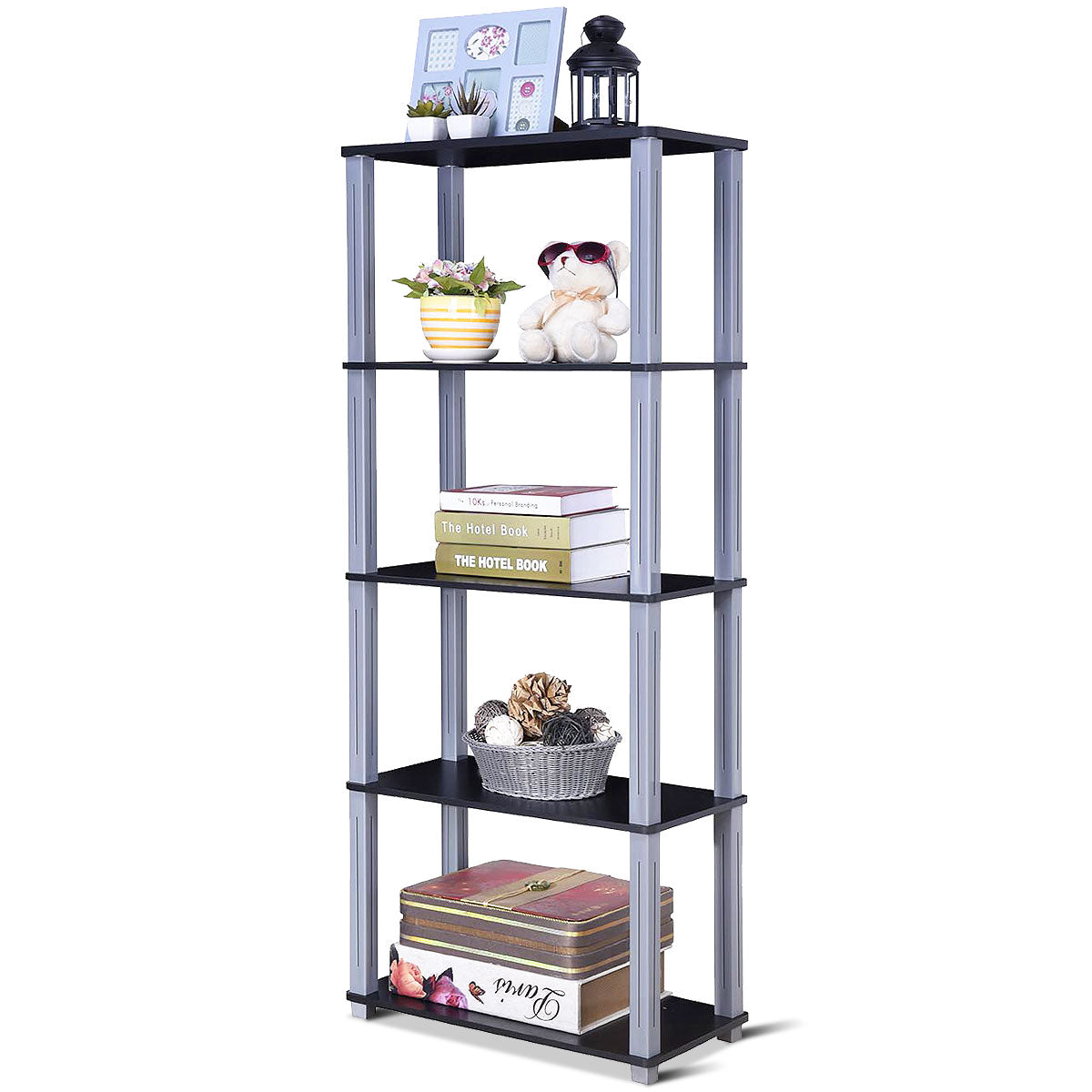 Topbuy 5-Tier Multi-Functional Shelves Storage Display Bookshelf Home Office Walnut/Black