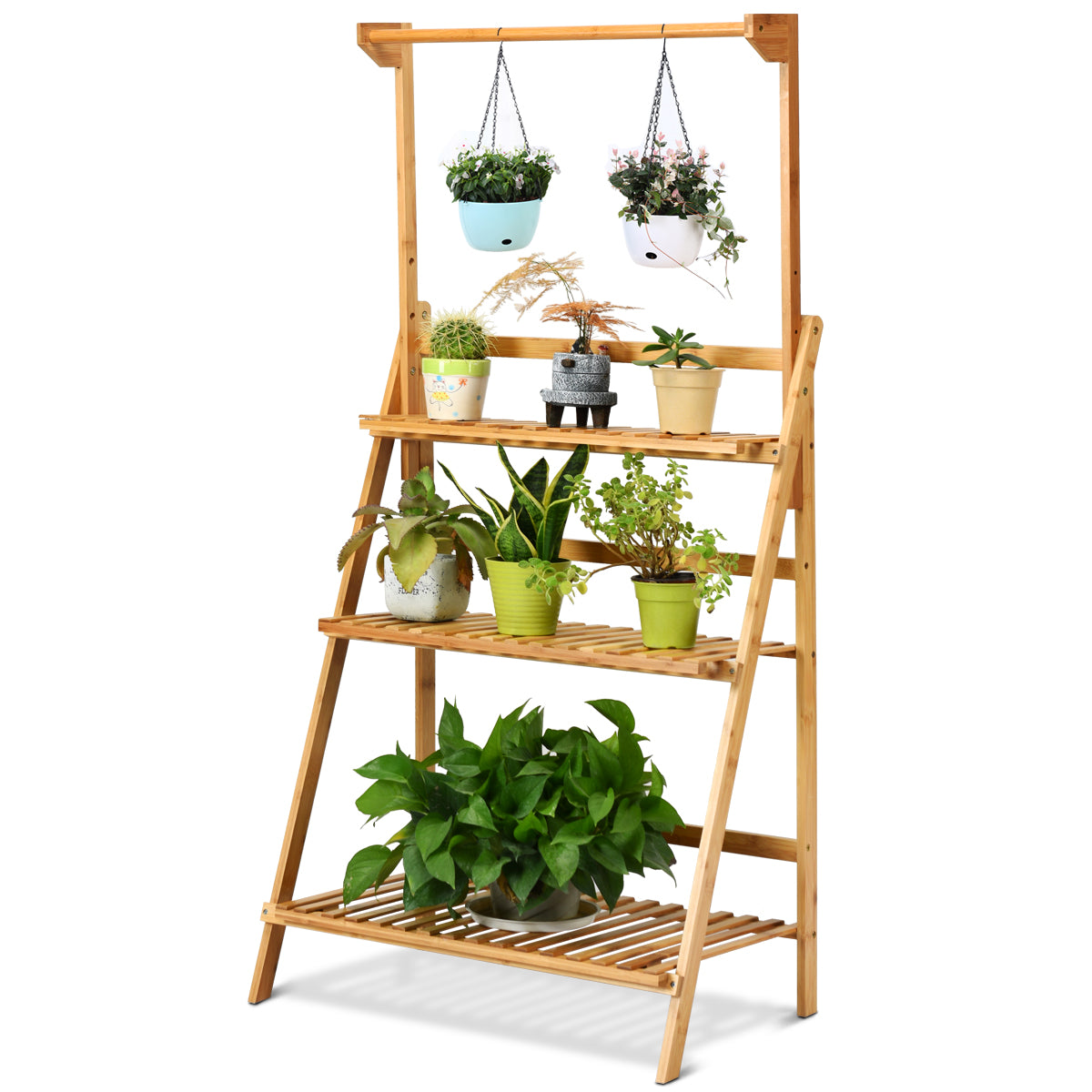 Topbuy 3 Tier Bamboo Hanging Folding Plant Shelf Stand Flower Pot Display Rack Bookcase