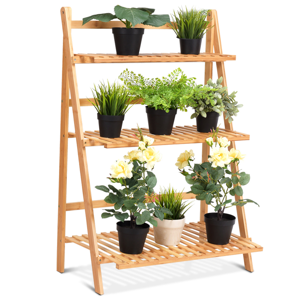 Topbuy 3 Tier Bamboo Hanging Folding Plant Shelf Stand Flower Pot Display Rack Bookcase