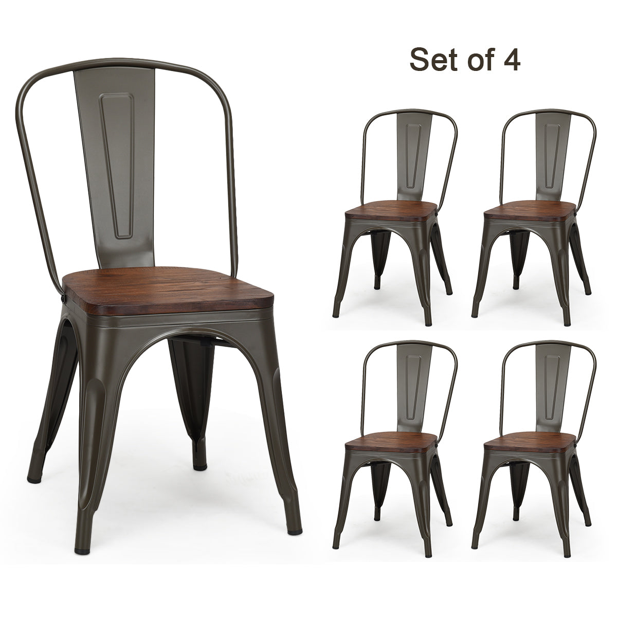 Topbuy Set of 4 Tolix Style Metal Dining Side Chair Wood Seat Stackable Bistro Cafe New Gun/Black