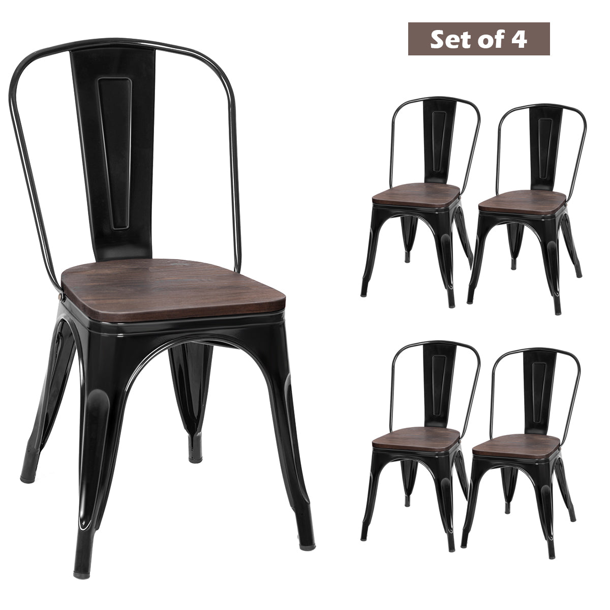 Topbuy Set of 4 Tolix Style Metal Dining Side Chair Wood Seat Stackable Bistro Cafe New Gun/Black