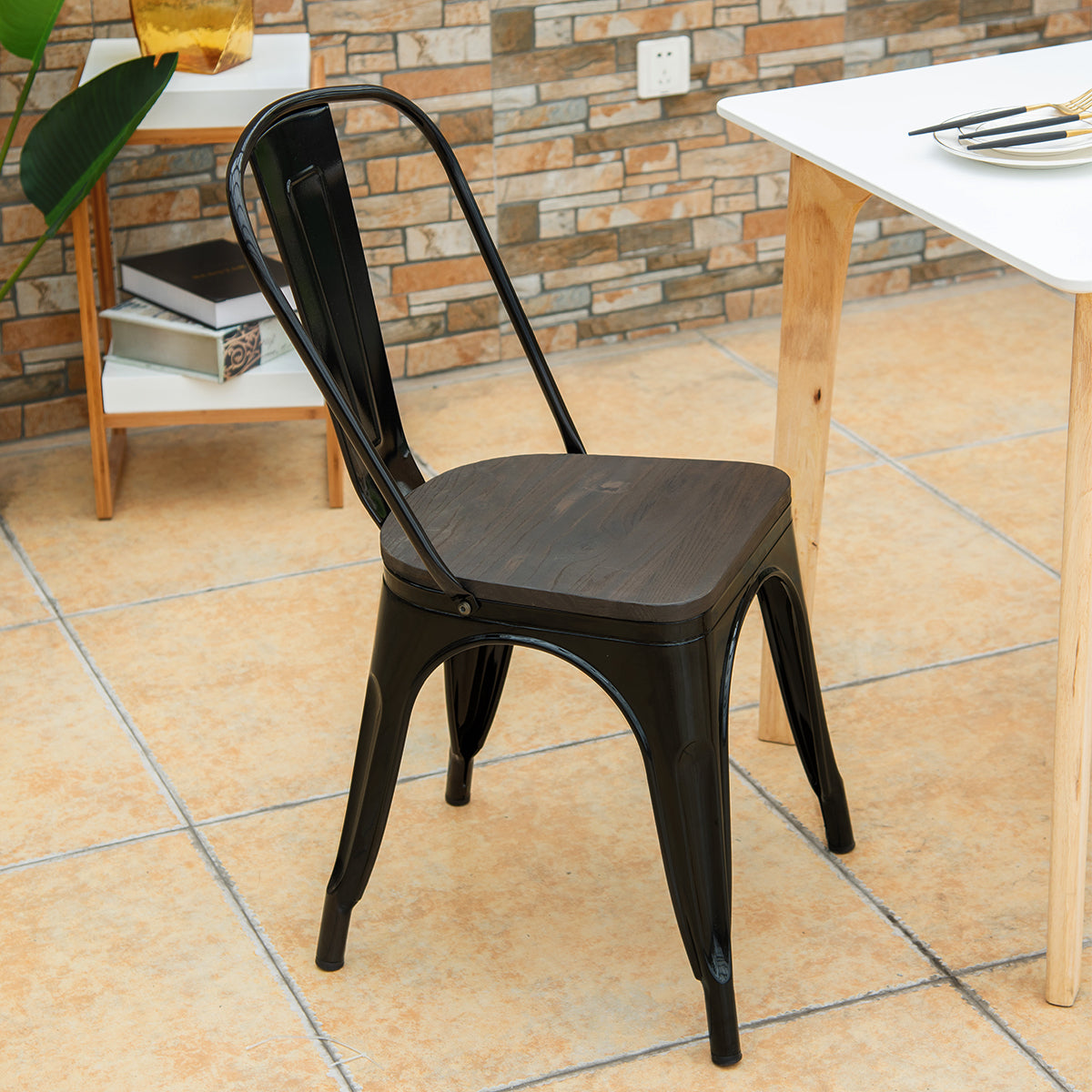 Topbuy Set of 4 Tolix Style Metal Dining Side Chair Wood Seat Stackable Bistro Cafe New Gun/Black