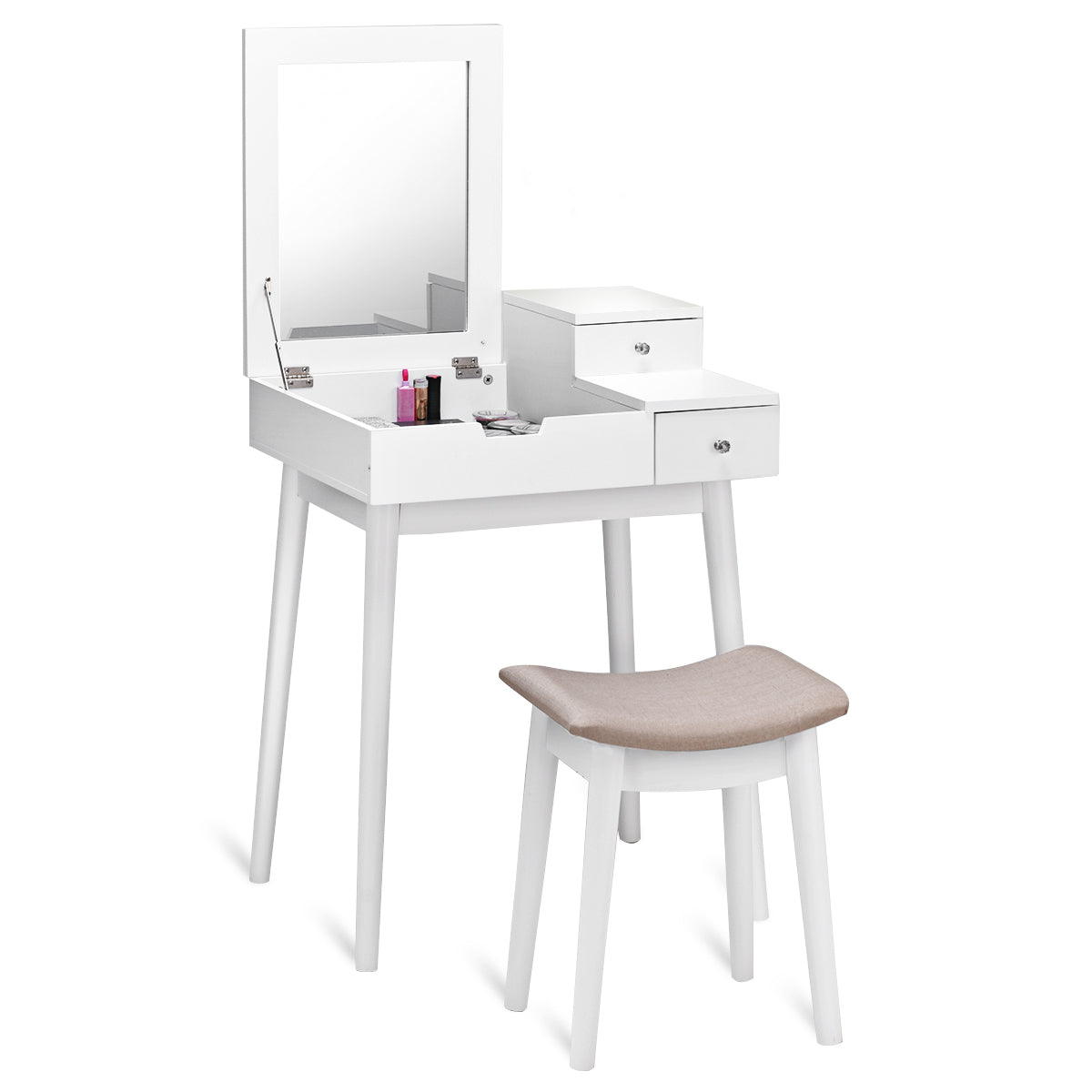 Topbuy Vanity 2 Drawers Dressing Table Set Flip-type Desktop with Mirror Stool White