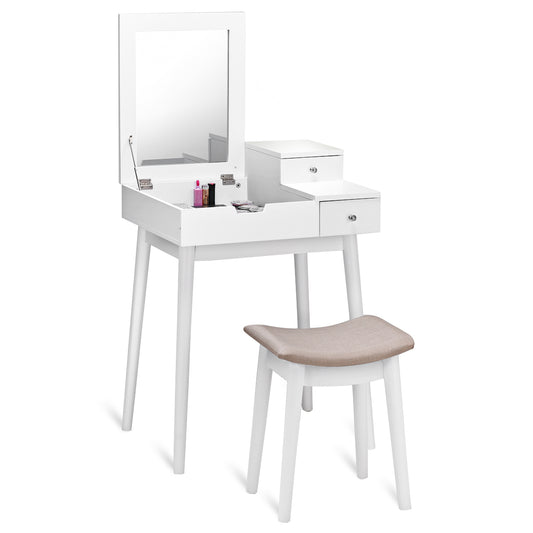 Topbuy Vanity 2 Drawers Dressing Table Set Flip-type Desktop with Mirror Stool White