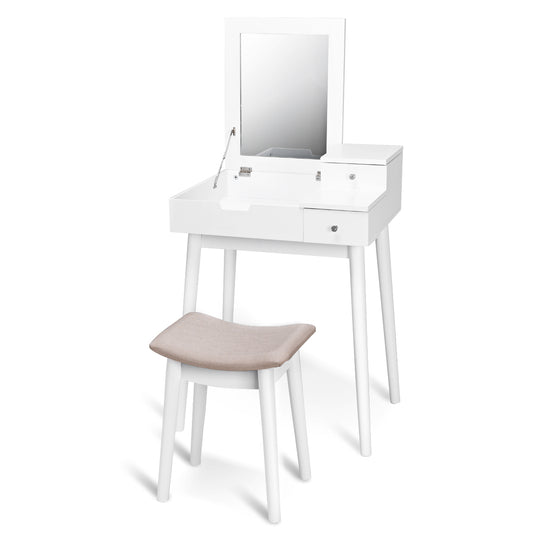 Topbuy Vanity 2 Drawers Dressing Table Set Flip-type Desktop with Mirror Stool White