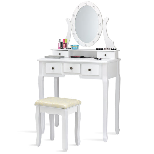 Topbuy Flip-type Vanity Mirror Cosmetics Organizer Dressing Table Beauty Dresser White