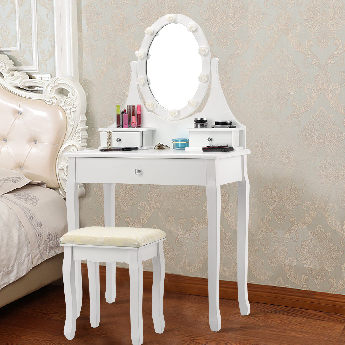 Topbuy 3 Drawers Makeup Dressing Table Stool Set w/ 10 LED Bulbs Removable Mirror