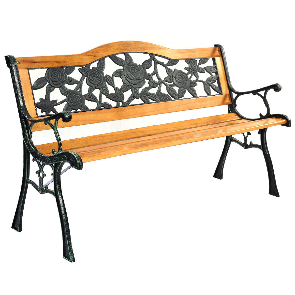 Topbuy Garden Cast Iron Bench Porch Path Loveseat Hardwood Chair for Patio Park