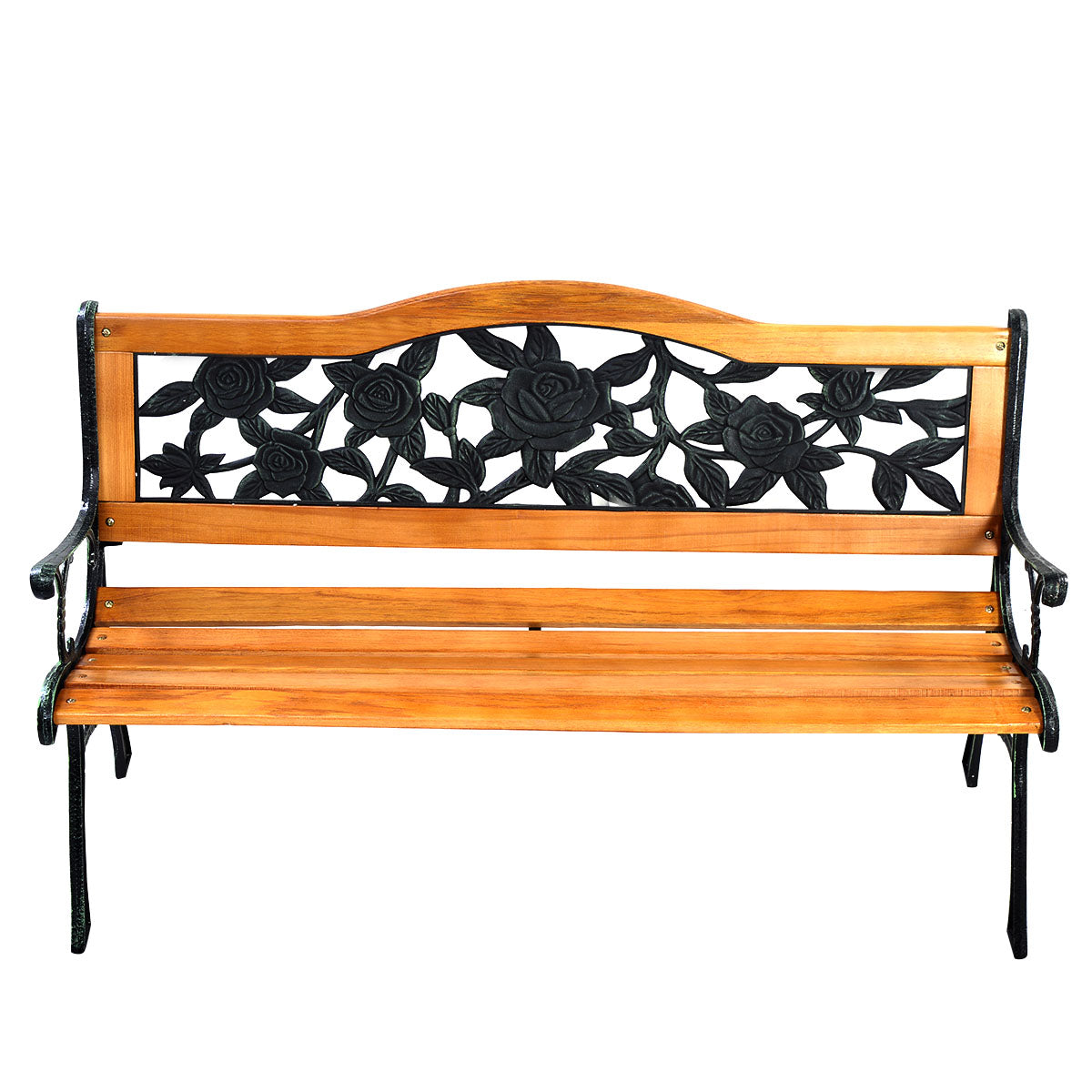 Topbuy Garden Cast Iron Bench Porch Path Loveseat Hardwood Chair for Patio Park